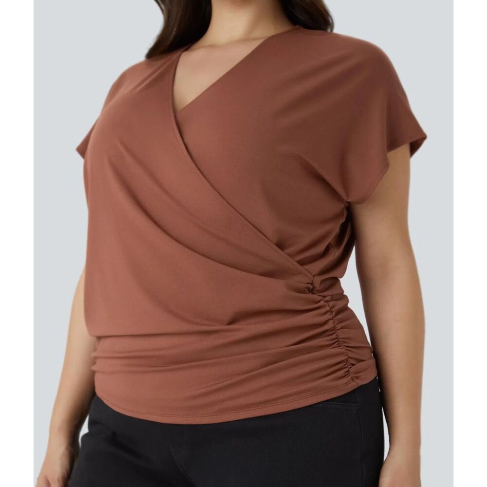 Halara V Neck Cap Sleeve Crossover Ruched Plus Size Blouse, NEW! 3X